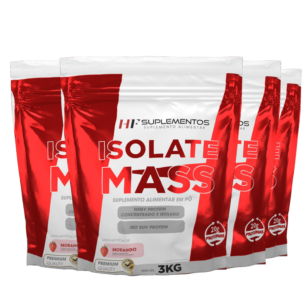 Hipercalórico Isolate Mass Morango Kit 4 unidades 3KG Em Pó HF Suplementos – Massa Muscular Magra, Energia e Evolução!
