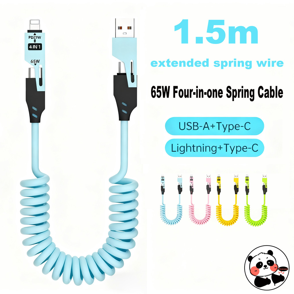 Cabo De Dados Retrátil 4 Em 1 De 1.5 M Para Carro Lightning Type-C 65W Carga Rápida iPhone Android Carregamento USB