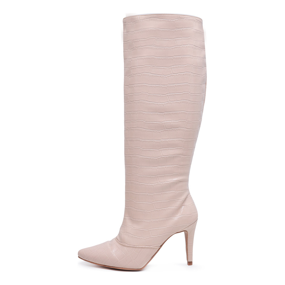 Bota Croco De Zíper Feminina Cano Alto Com Salto Fino Social