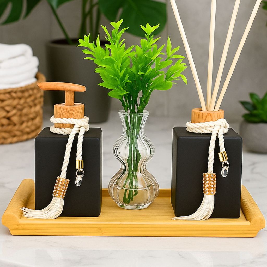 Kit Lavabo Cubo Preto Bandeja em Bambu Saboneteira Difusor de Aroma Amadeirado