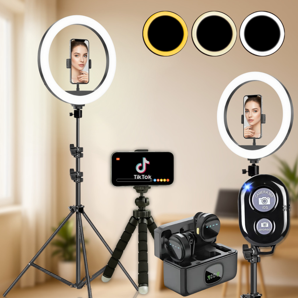 Kit Youtuber Ring Light Led Tripé Microfone S/Fio Duplo Bluetooth Iluminação Profissional Completo