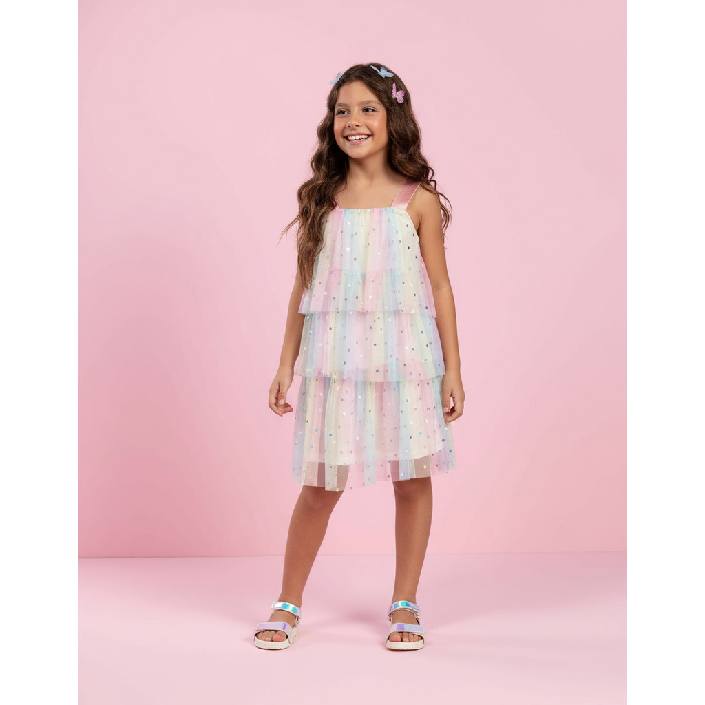 Vestido Festa Infantil Tule Colorido Arco-íris Brilho Mágico Coração em Oferta na Shopee