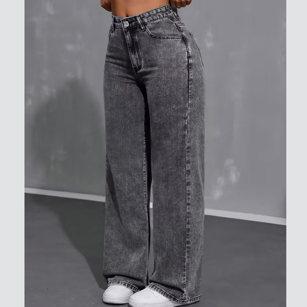 Calça Jeans feminina Wide Leg Marmorizada Pantalona boca larga - cintura alta premium