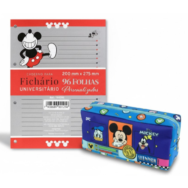 Refil Folhas de Fichário Minnie e Mickey 96 Folhas Dac + Estojo Dac Mickey Mouse
