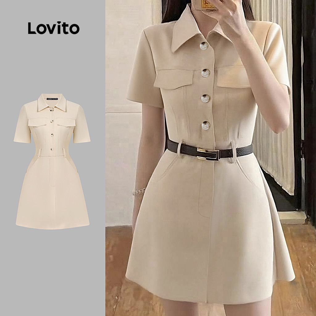 Lovito Vestido Casual de Botão Na Frente para Primavera/verão em Caqui para mulher L154LD359 em Oferta na Shopee