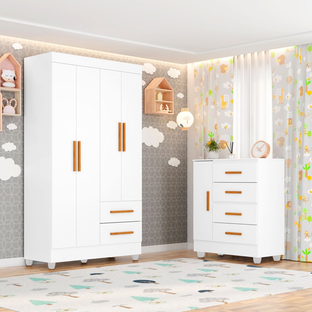 Quarto Bebê Infantil com Guarda-Roupa 4 Portas e 2 Gavetas com Cômoda 4 Gavetas e 1 Porta Branco