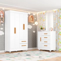 Quarto Bebê Infantil com Guarda-Roupa 4 Portas e 2 Gavetas com Cômoda 4 Gavetas e 1 Porta Branco