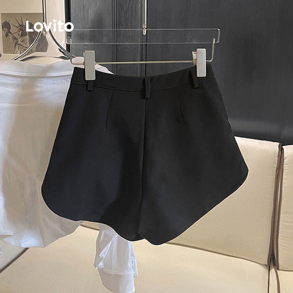 Detalhes do Lovito Shorts Casuais Com Zíper Modelo Alfaiatado Pretos Para Mulheres Ideais Para a Primavera/verão LBL29088