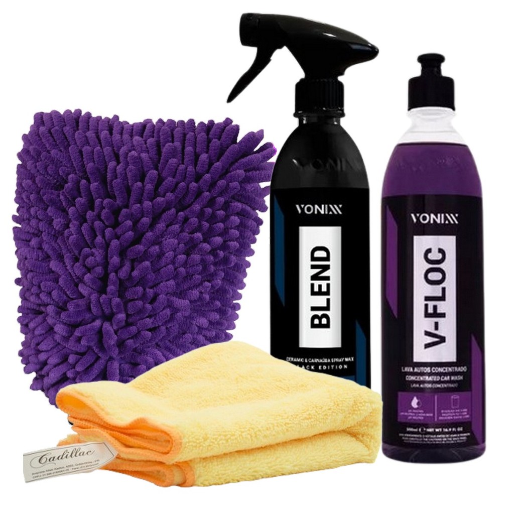 Kit Cera Blend Black Spray 500ml + Shampoo V-floc 500ml + Pano Cadillac 40 x 40 + Luva Microfibra