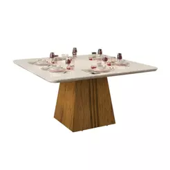 Mesa de Sala Jantar Itália c/Tampo Madeirado Vidro Curvo 136x136cm Freijó/Off White - DJ Móveis