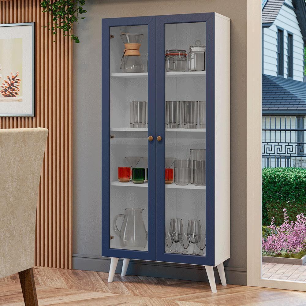 Cristaleira 70 Cm 2 Portas De Vidro Com Pés Cônicos Branco-azul-branco Vik Madesa