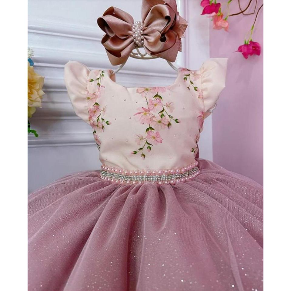 VESTIDO DE FESTA INFANTIL ROSE BUSTO FLORAL SAIA COM GLITTER D4187