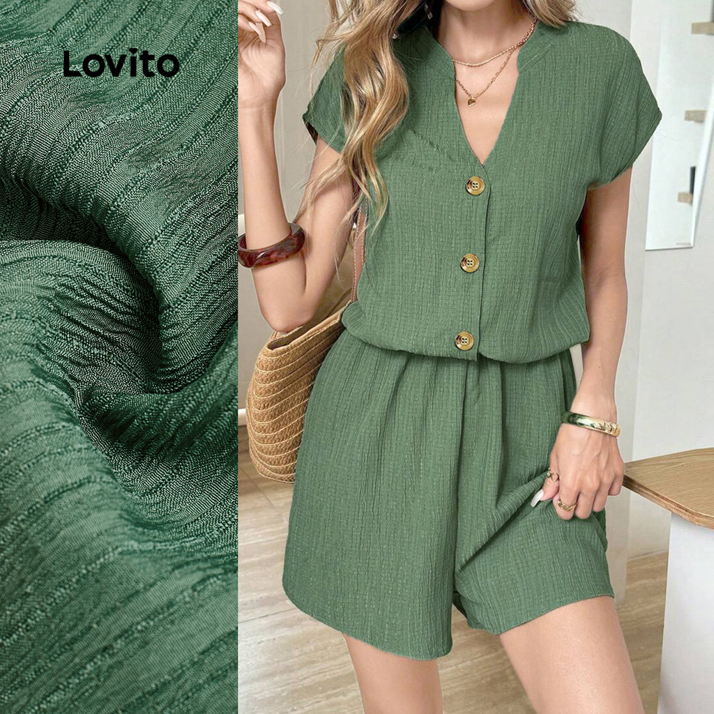 Lovito Macacão Casual com Botões Primavera/verão Macacão Verde para mulheres L157LD095 em Oferta na Shopee