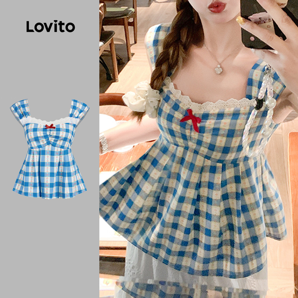 Lovito Blusa Azul com Laço Superior Fofo para Primavera/verão para mulheres L159AD094 em Oferta na Shopee