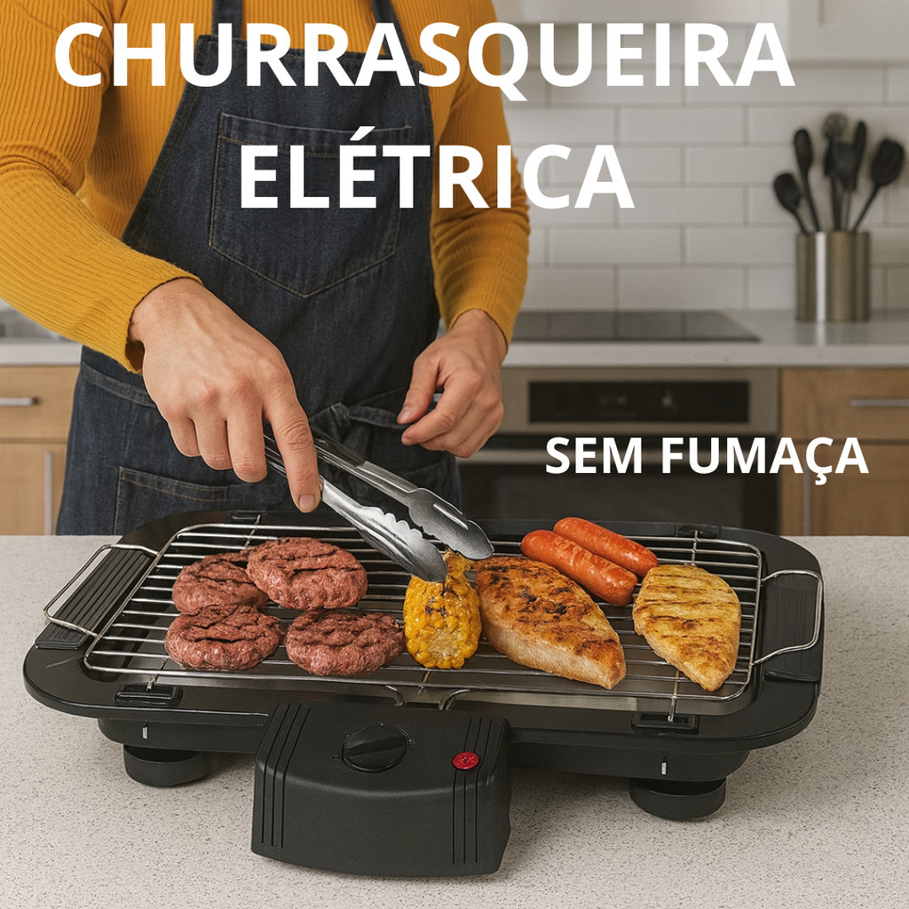 Churrasqueira Elétrica 1500W 110v Grelha Removível Temperatura Ajustável Sem Fumaça Carnes Legumes Casa