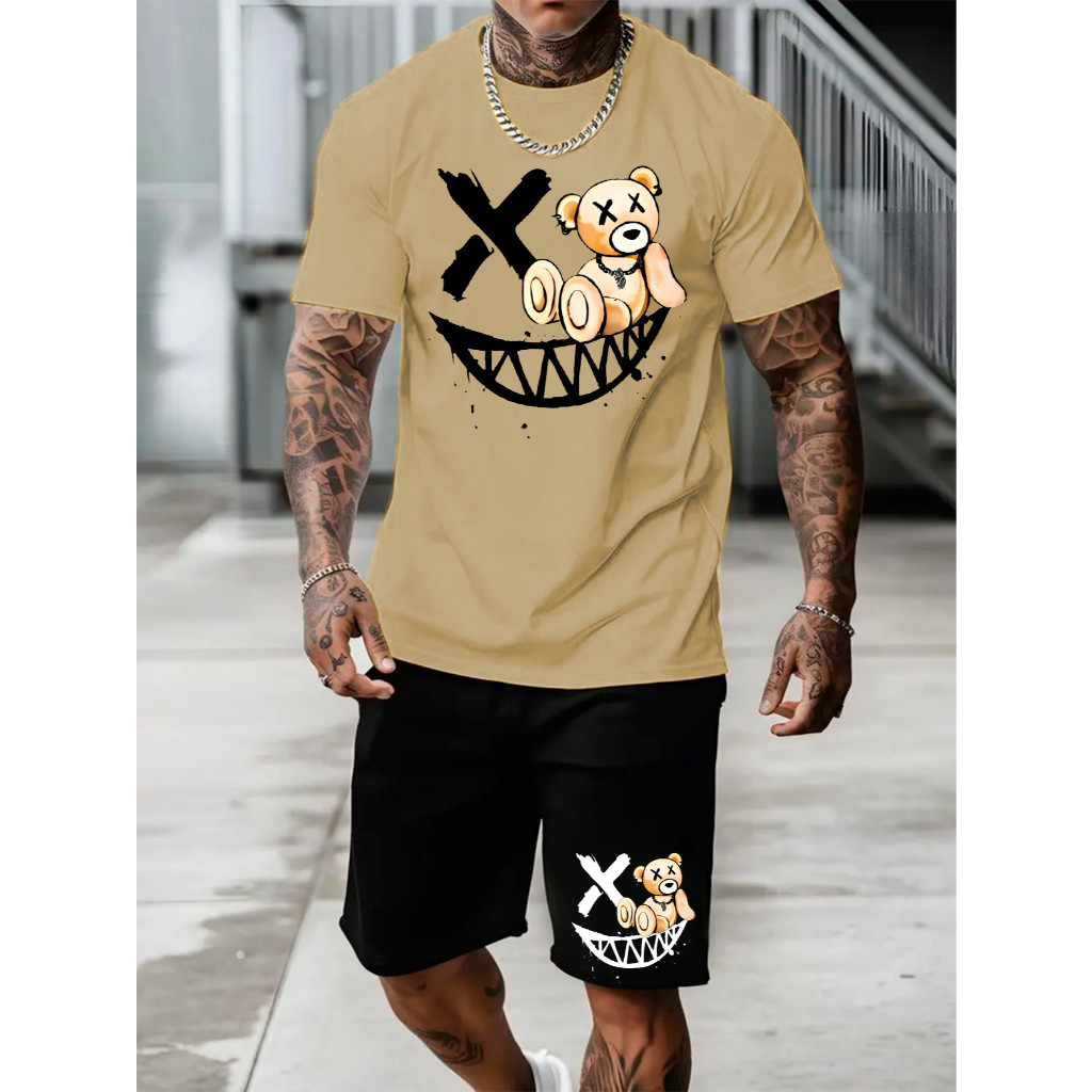 Kit Camisa + Shorts Tactel Masculino Carinha Sorrindo Urso Ursinho Camiseta Streetwear