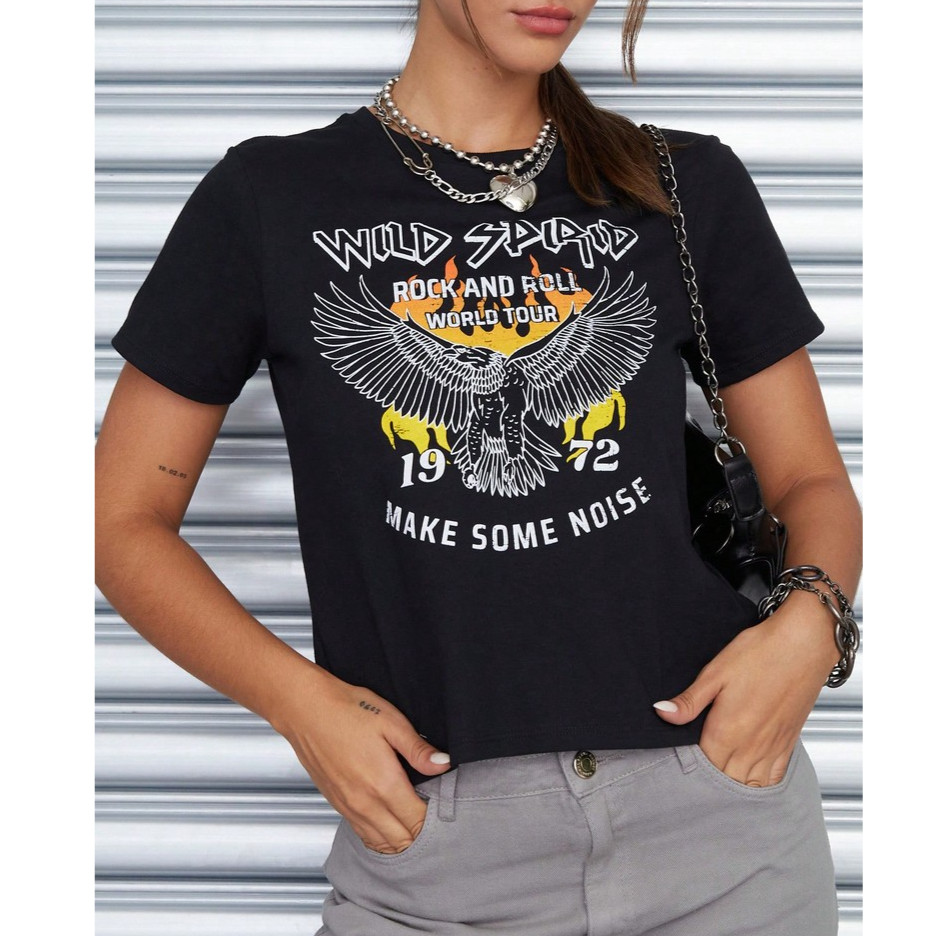 Camiseta Unissex Oversized Plus Size Feminina Masculina Manga Curta Babylook Estampado Rock and Roll Passaro