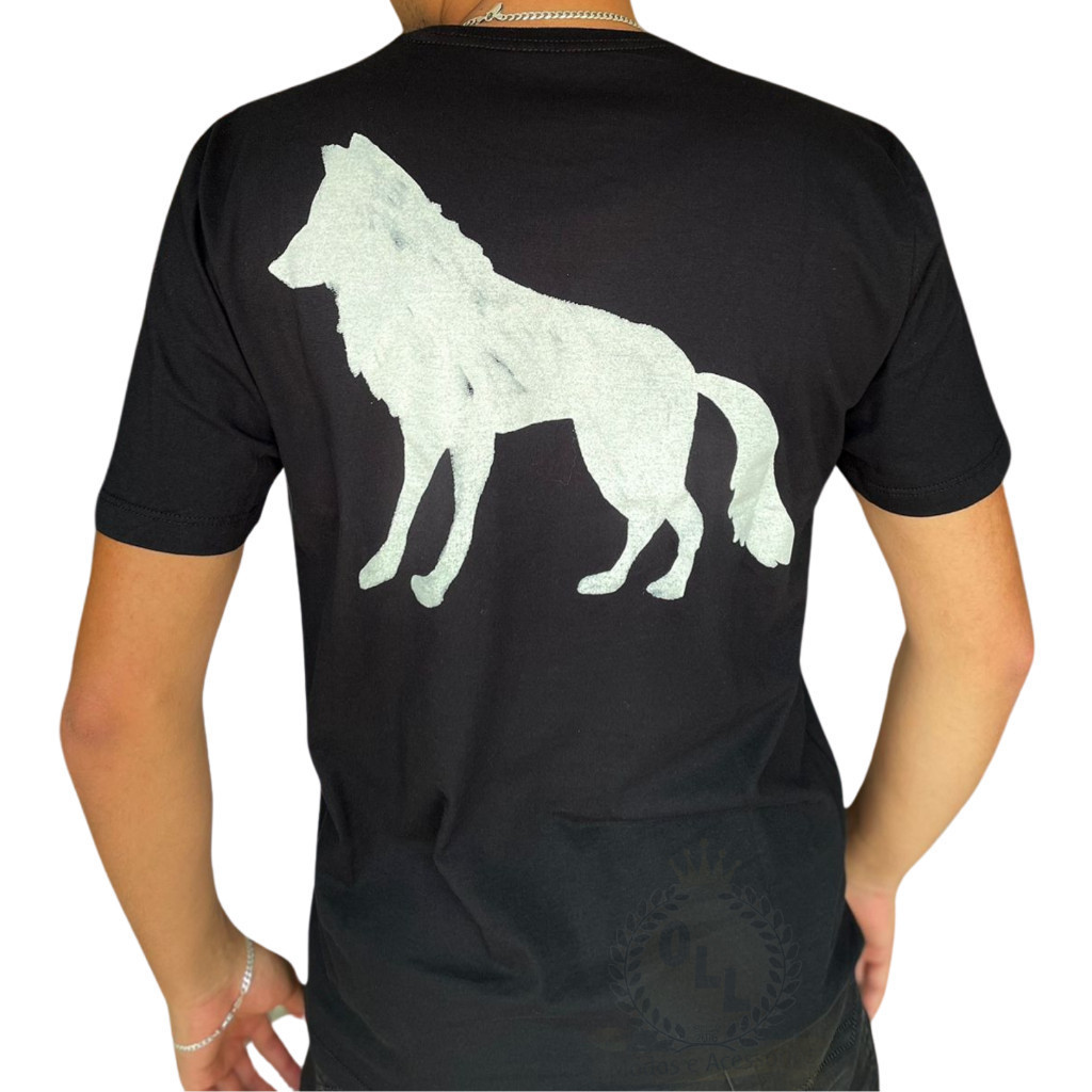 Camiseta basica masculina Acostamento Lobao nas costas original