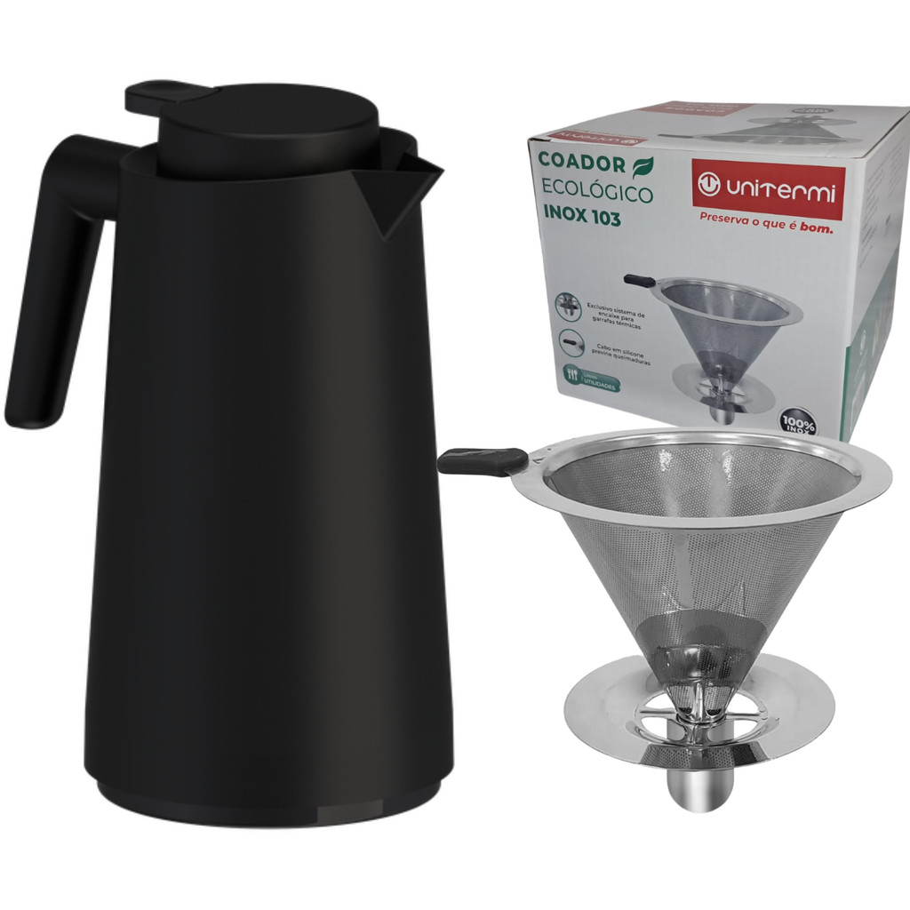 Kit Garrafa Térmica 1L VerCelli com Coador Inox Tamanho 103 Filtro de Café Permanente
