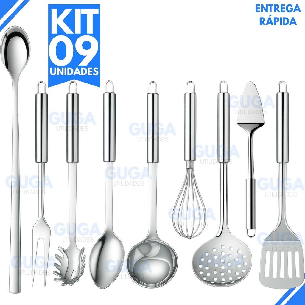 Kit 9 Utensílios de Cozinha Inox Premium – Concha, Escumadeira, Espátula, Colher, Fouet, Faca Bolo, Pegador de Massa +..