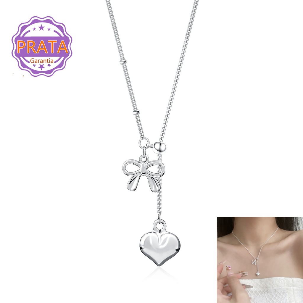 Colar Feminino Prata 925 Com Pingente Gravatinha e Coração Elegante Delicado Longo Ajustável Presente