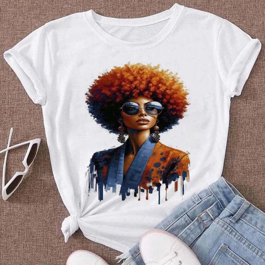 Tshirt Feminina Estampada Mulher Afro Lançamento Camiseta 100% Algodão Camisetão Solta Plus Size Camiseta - Estampaê