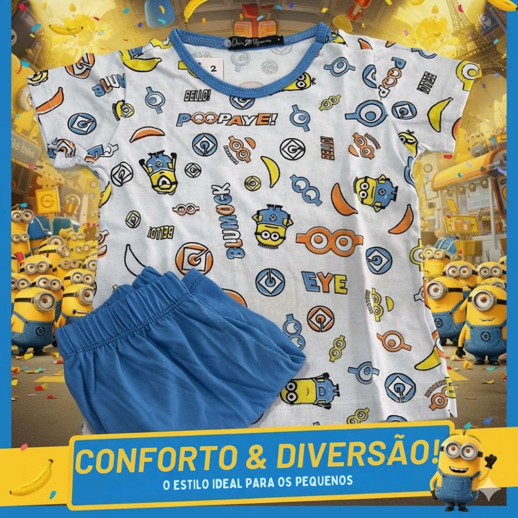 Conjunto Pijama Infantil Minions Tecido de Algodão Macio e Estampa Colorida Personagens