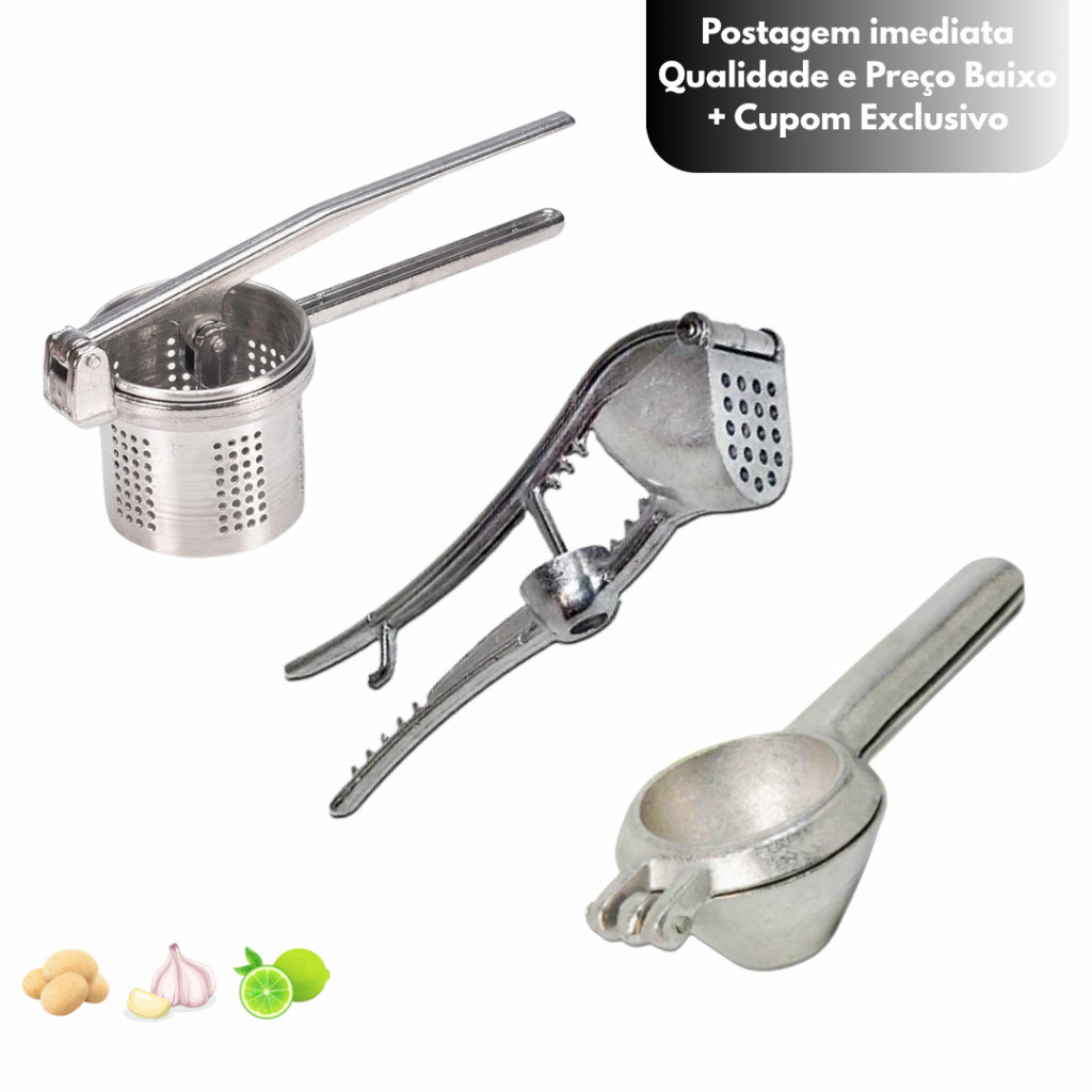 Amassador de Batata Profissional + Espremedor de Limão + Espremedor de alho 5 em 1 | Kit Resistente em Oferta na Shopee