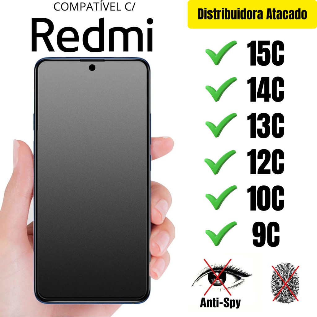 Película Cerâmica Privacidade Fosca 3D P/ Redmi 15C / 14C / 13C / 12C / 10C / 9C Matte AntiSpy