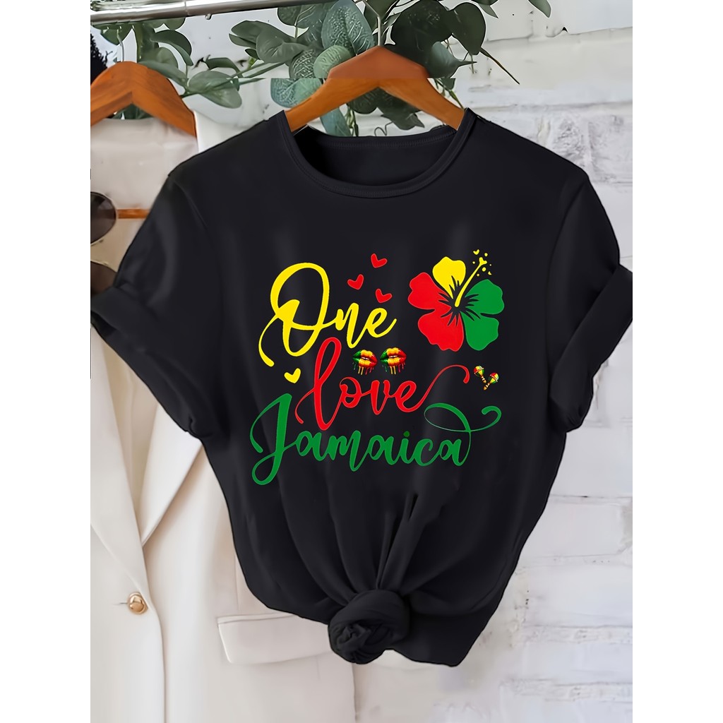 Camiseta Feminina Plus Size One Love Jamaica Colorido Flores Pérolas Estampada Estilosa Confortável Vibrante Verão