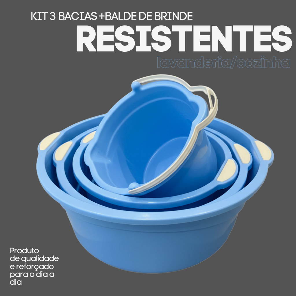 Detalhes do Kit 3 Bacias Plásticas Grandes E Balde Multiuso Para Limpeza Lavanderia Cozinha