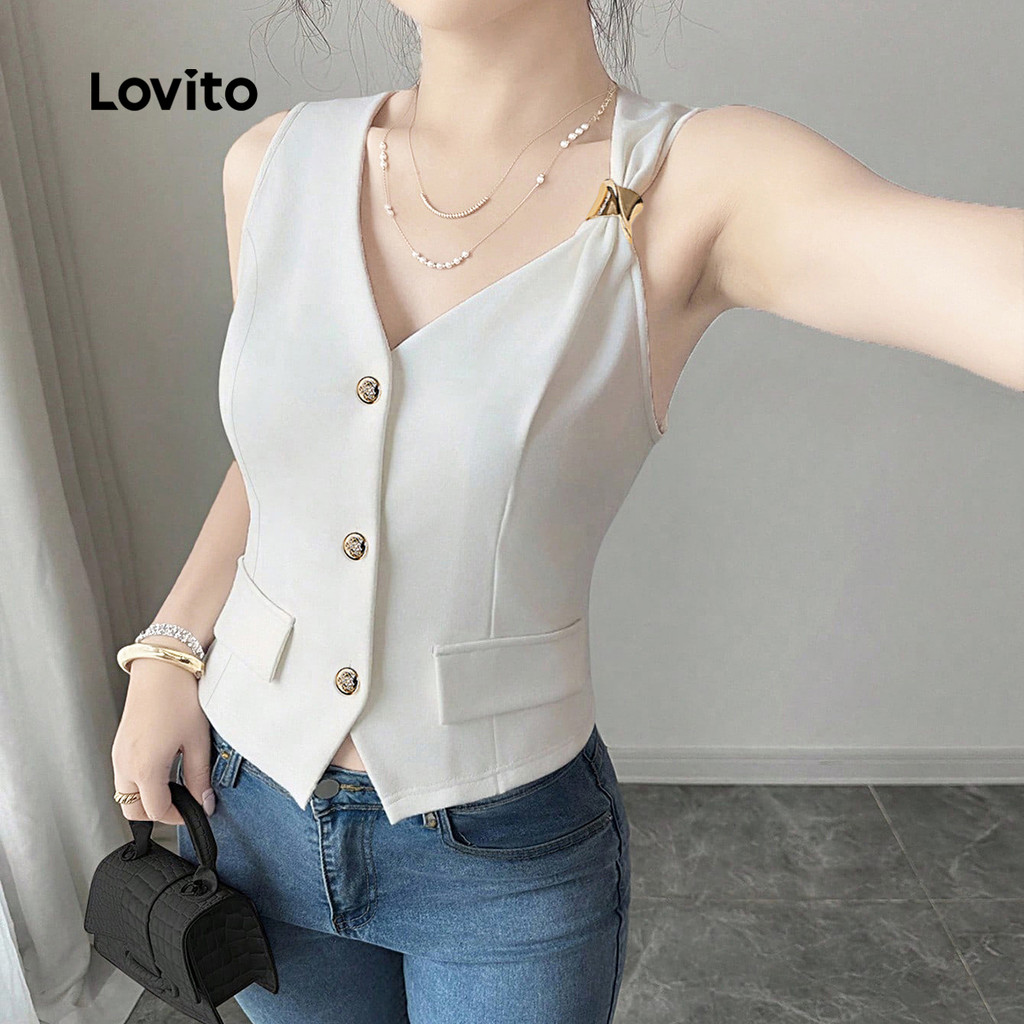 Detalhes do Lovito Sensibilidade de Design Elegante de Topo Assimétrico com Abertura Primavera/verão Blusa Branca L137ED877