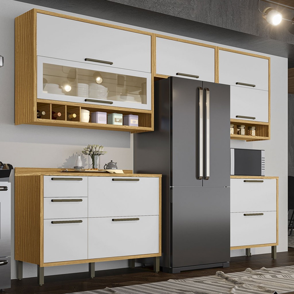 Armário de Cozinha Modulada com Balcão e Tampo 8 Portas 4 Gavetas Ágata 100% MDF Vidro Reflecta