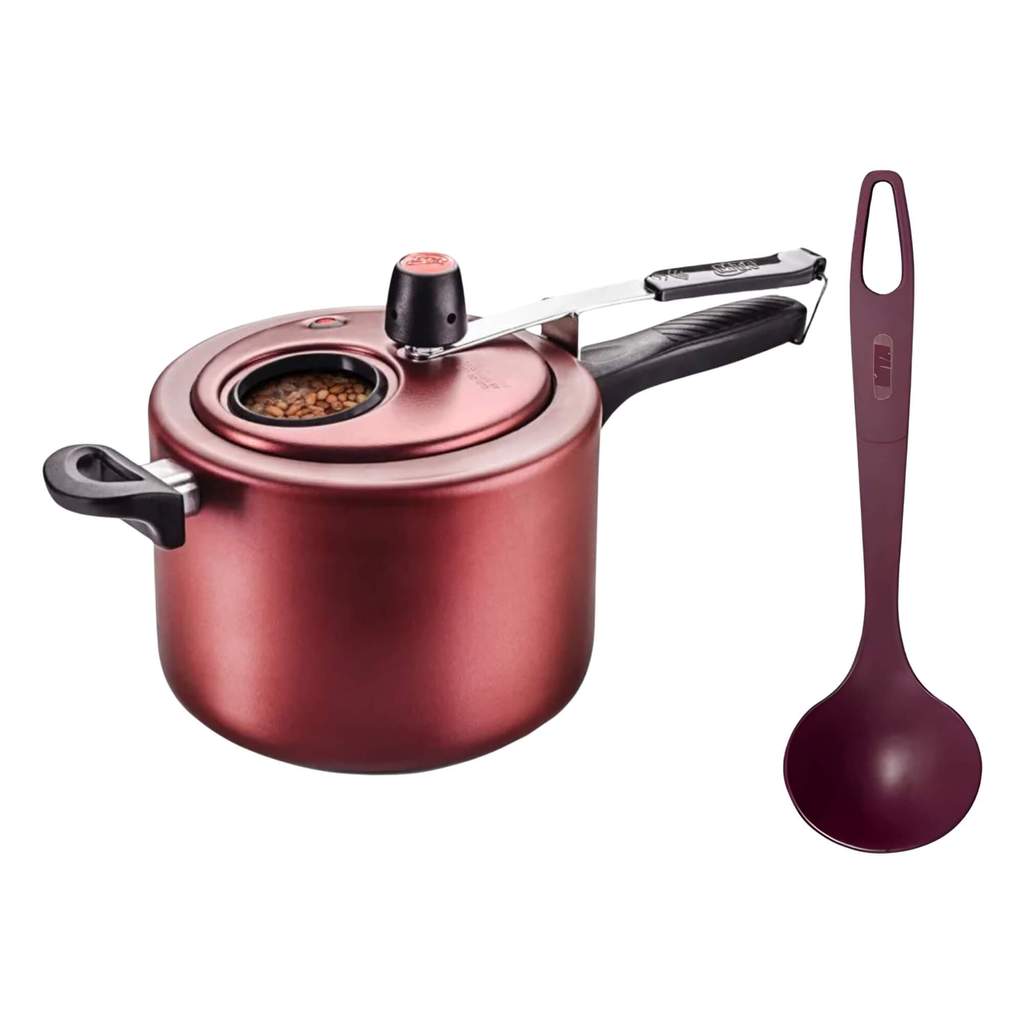 COMP Kit MTA: Panela de Pressão Antiaderente c/ Visor 4,5L Cereja + Concha de Nylon Supreme Vinho em Oferta na Shopee