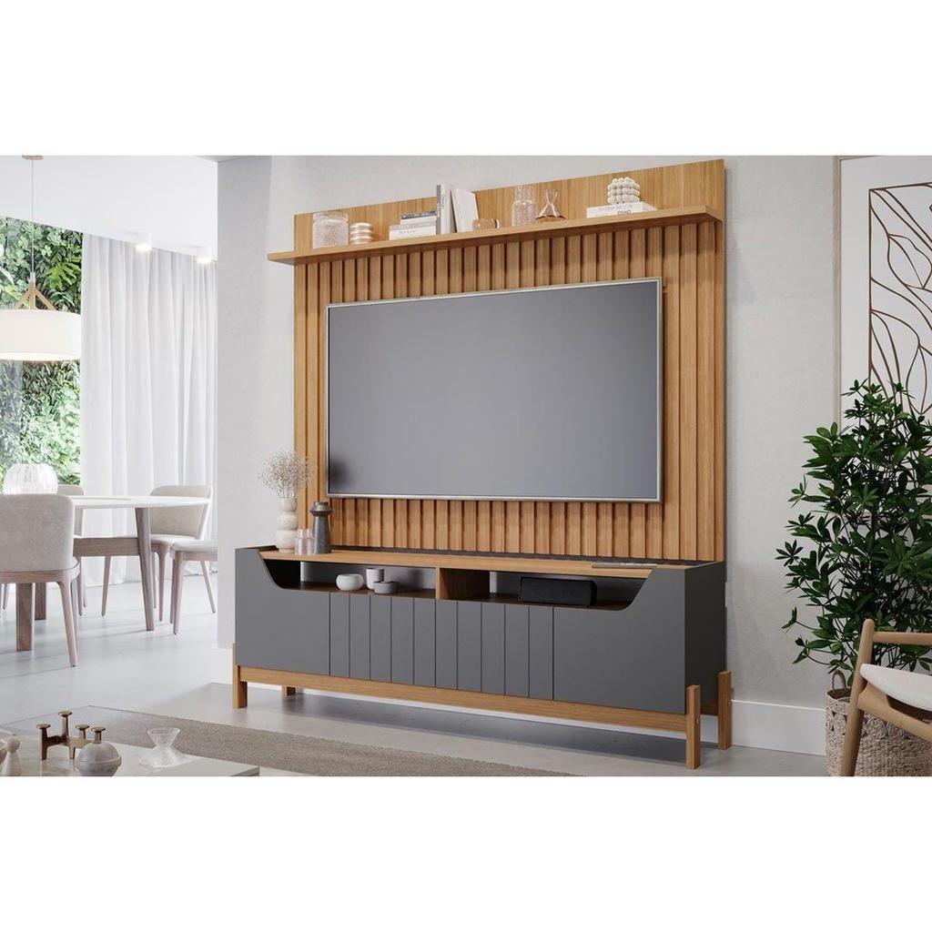 Estante p/Sala até 70 Pol Moema Ripado c/Pés 180x197cm Grafite/Nature - Permóbili em Oferta na Shopee