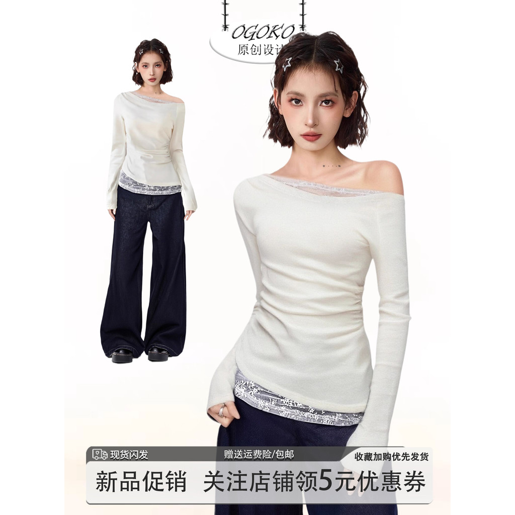 Menina quente branco de um ombro oblíquo ombro renda manga comprida camiseta feminina verão Design fino fino ajuste fino