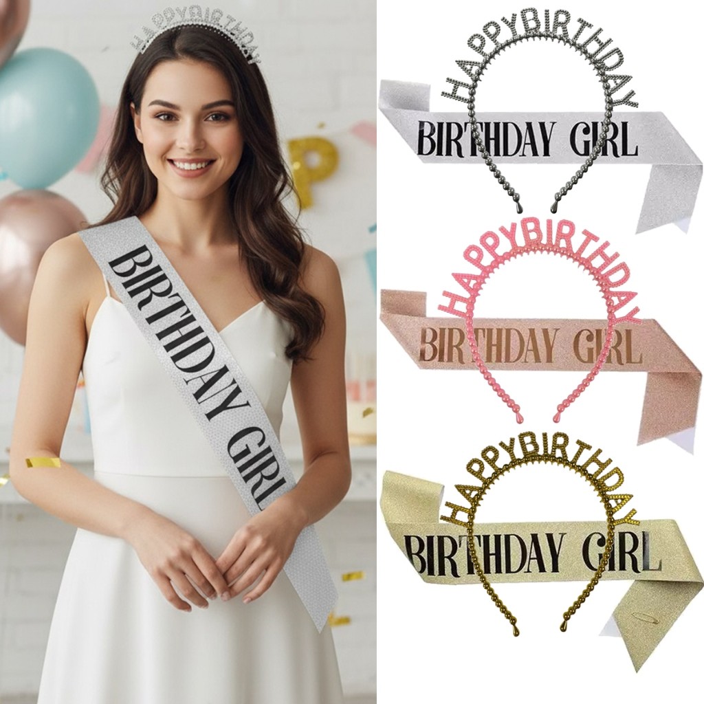 Kit Faixa e Tiara Feliz Aniversario Happy Birthday Girl Dourada Prata Rosa Festa Niver 15 Anos Debutante Aniversariante