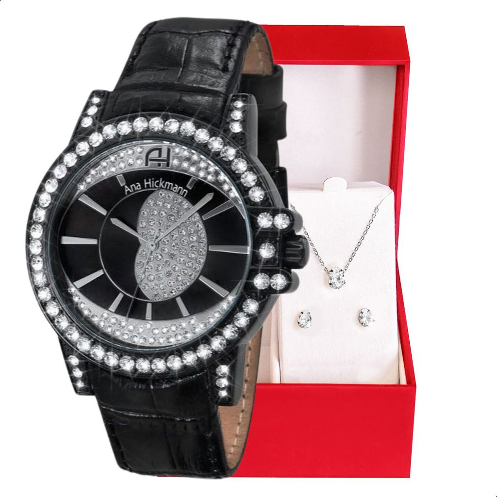 Relógio Champion Ana Hickmann Couro Preto AH28160T Colar e Brincos em Oferta na Shopee