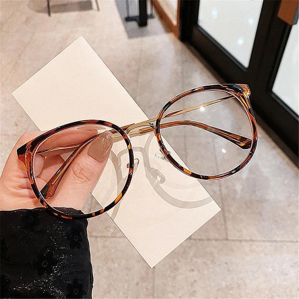 Óculos Anti-Luz Azul Tamanho Grande Redondo Leopardo Feminino Masculino Moda Metal Ópticos Computador