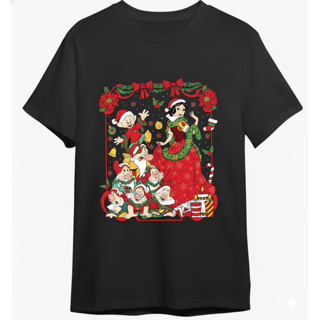 Camiseta Feminina Moderna Em Puro Algodão Com Estampa Natalina Da Branca De Neve E Os Sete Anões