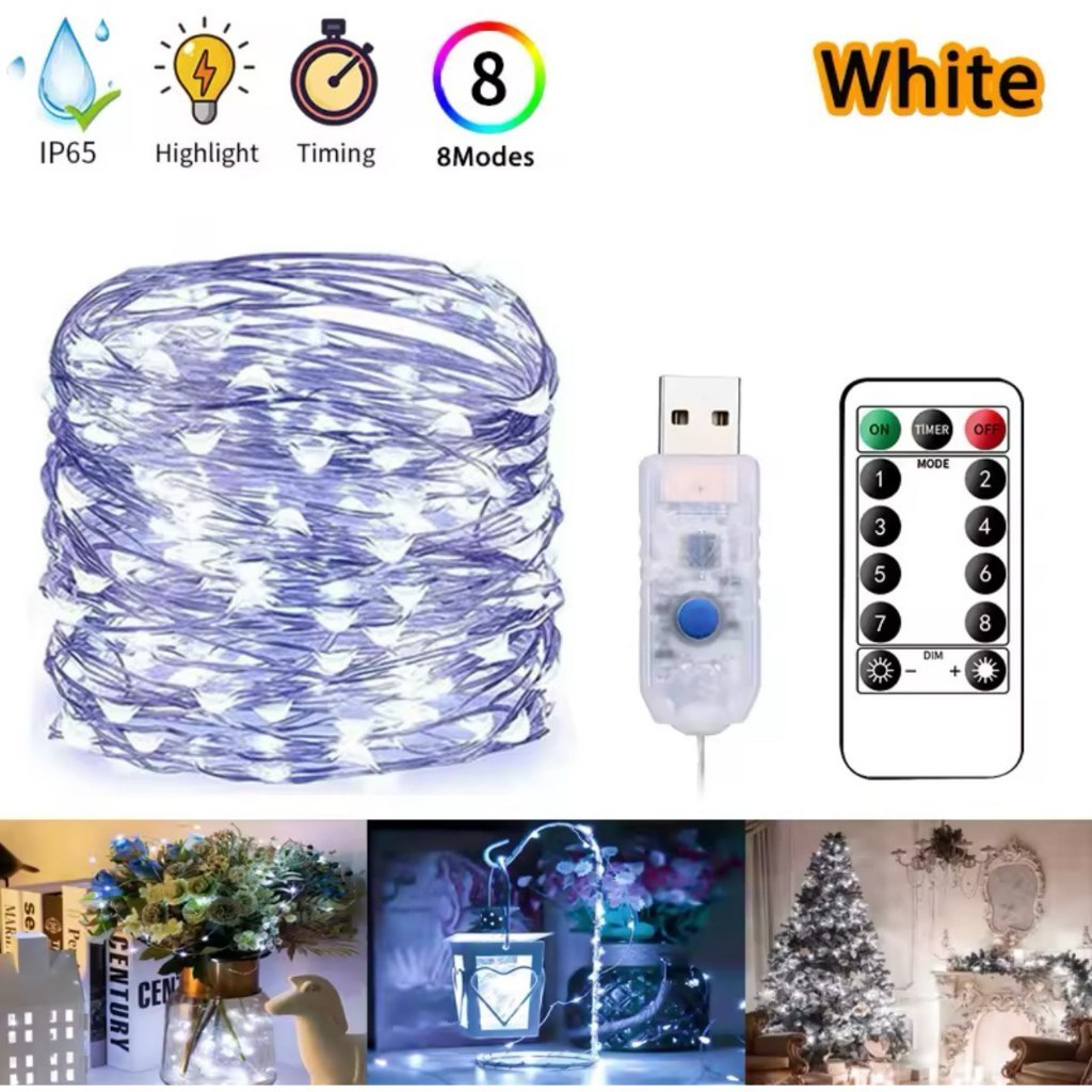 1 Fio Fada Cordão Luz Led 10 metros 100 Leds C/ Controle USB / Branco Quente Colorido em Oferta na Shopee