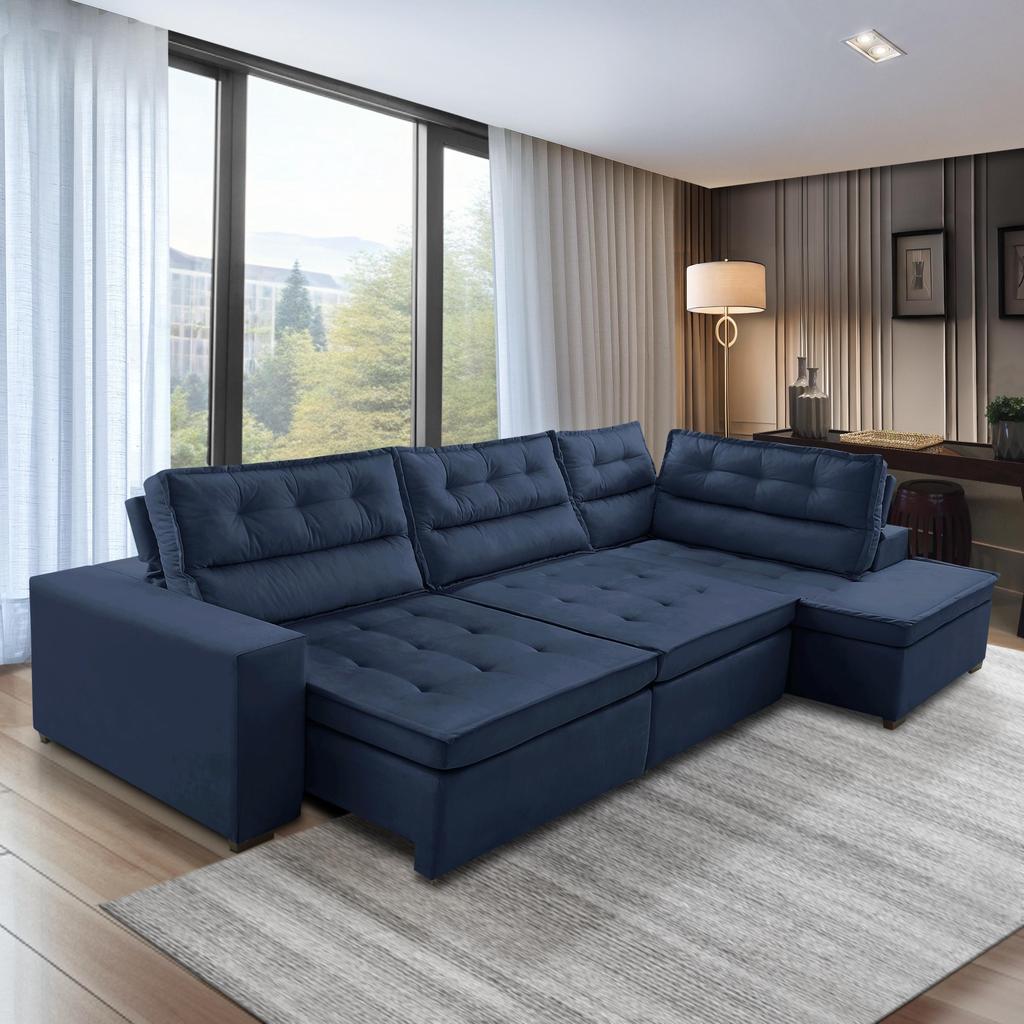 Sofá de Canto Retrátil e Reclinável com Molas 3,00x2,00 Virginia Suede Azul Adonai Estofados em Oferta na Shopee