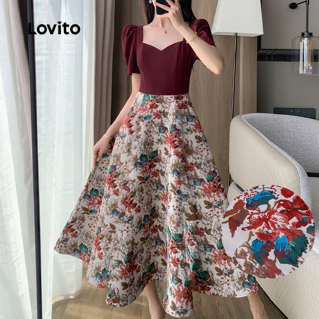 Lovito Vestido Elegante Com Estampa Floral Em Blocos De Cores Para Primavera/verão L150ED121 em Oferta na Shopee