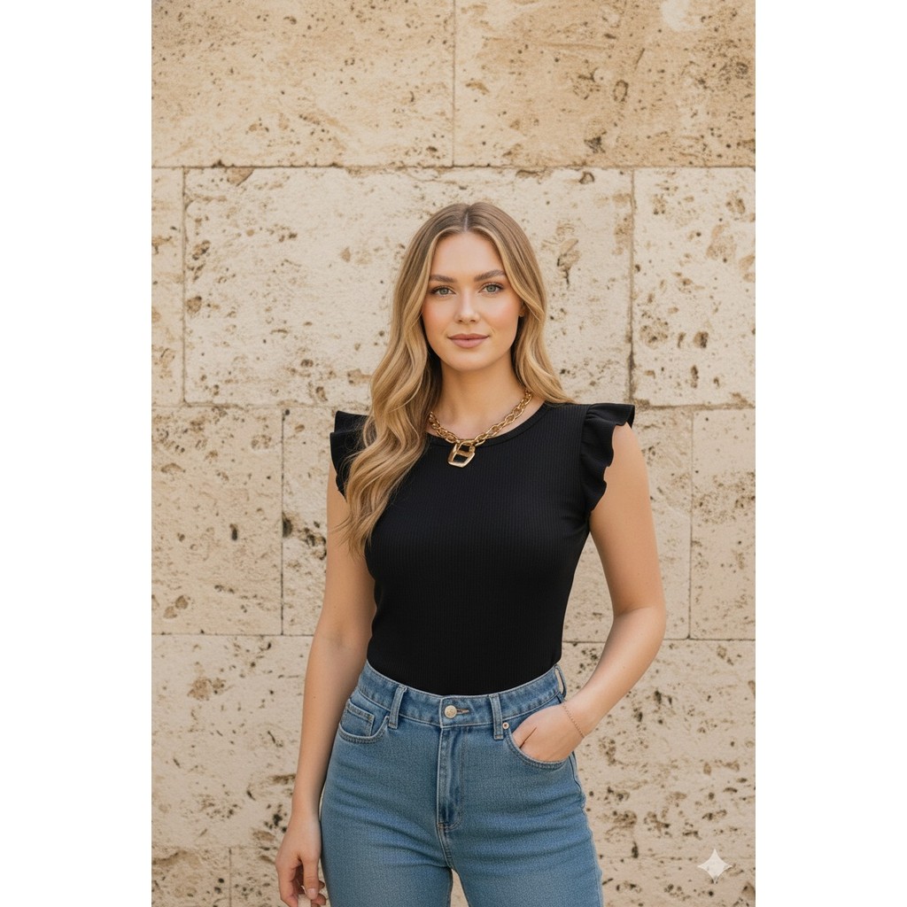 blusa feminina canelada estica modelo manga curta babado top tendência