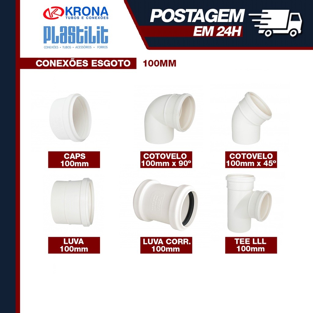 Conexões de Esgoto 100mm |  Caps - Cotovelo 90º - Cotovelo 45º - Luva - Luva Correr - Tee | Plastilit ou Krona