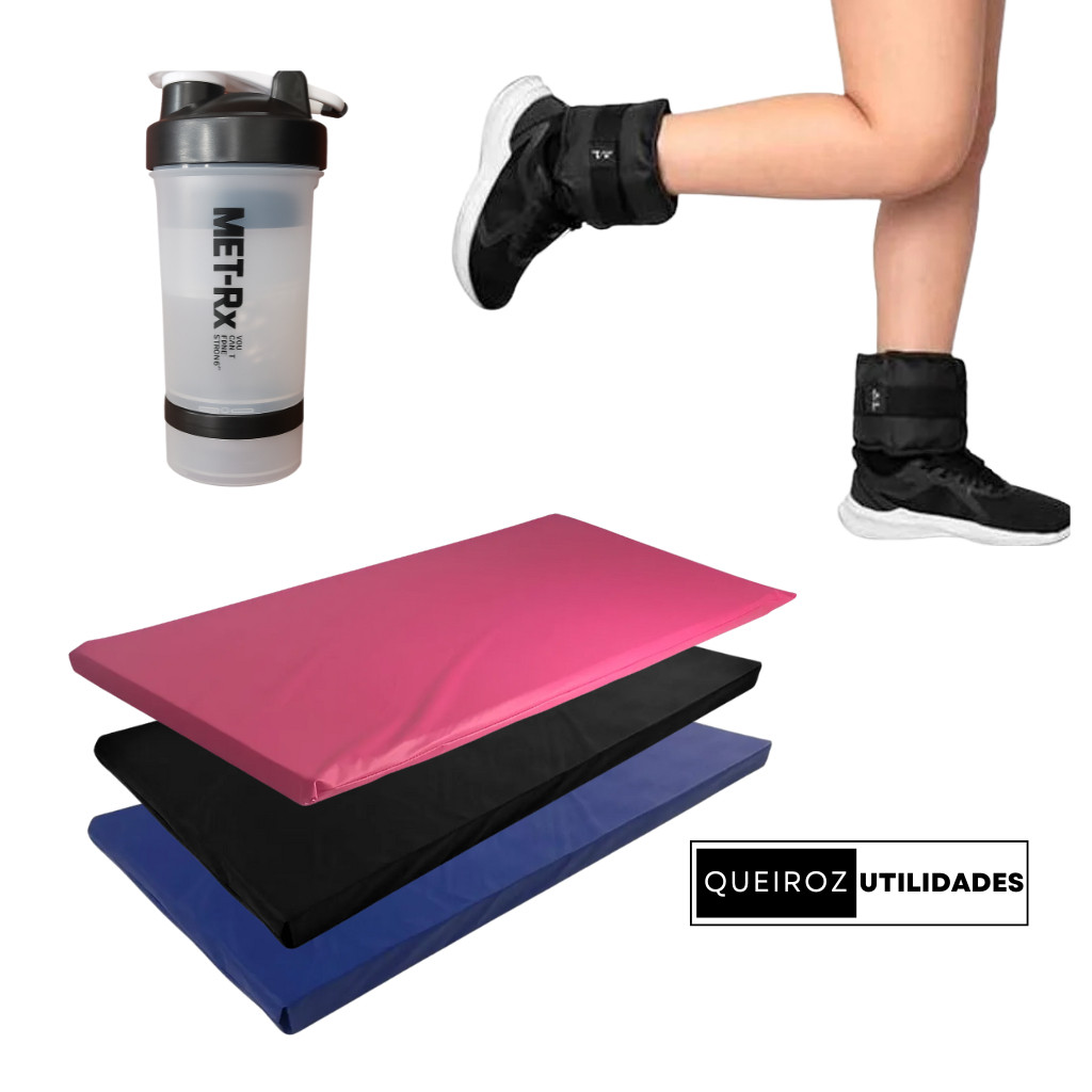 Kit Academia em Casa – Garrafa + Um Colchonete + Par de Caneleira 500G | Treine Onde e Quando Quiser! Oferta!