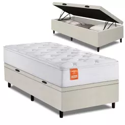 Cama Box Baú Colchão Solteiro Molas Ensacadas Real 88x188x68cm Linho Branco Inducol - Suporta até 130kg por Pessoa