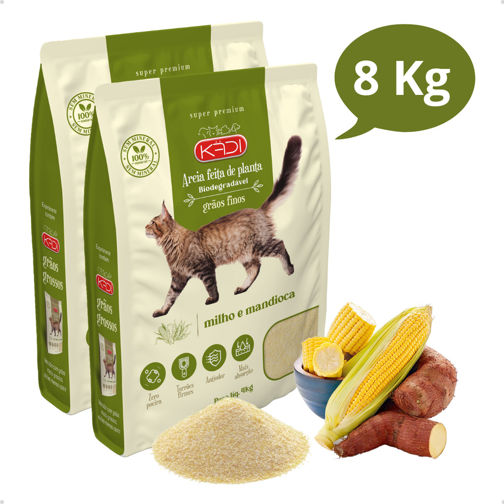 Kit 2 Areia Higiênica Natural Biodegradável de Grãos Finos de Milho e Mandioca para Gatos Kadi 8 kg