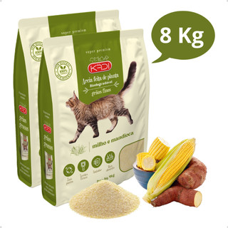 Kit 2 Areia Higiênica Natural Biodegradável de Grãos Finos de Milho e Mandioca para Gatos Kadi 8 kg