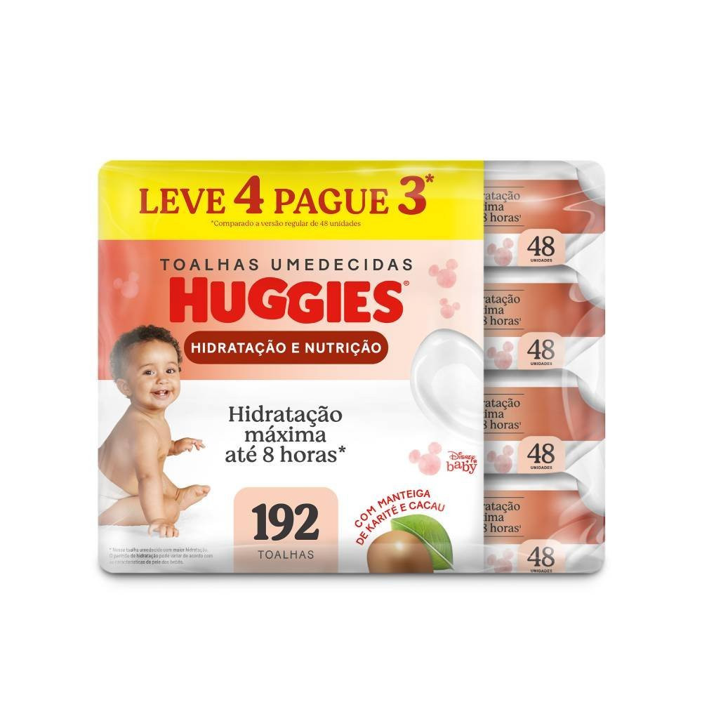 Lenços Umedecidos Huggies Hidratação E Nutrição Contra Assaduras Leve 4 Pague 3 - 192 Unidades em Oferta na Shopee